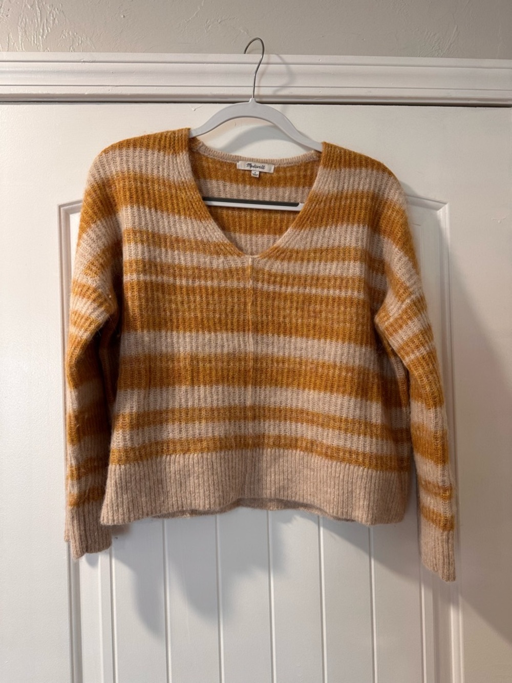 Madewell Golden Mustard and Cream Striped V-Neck Sweater